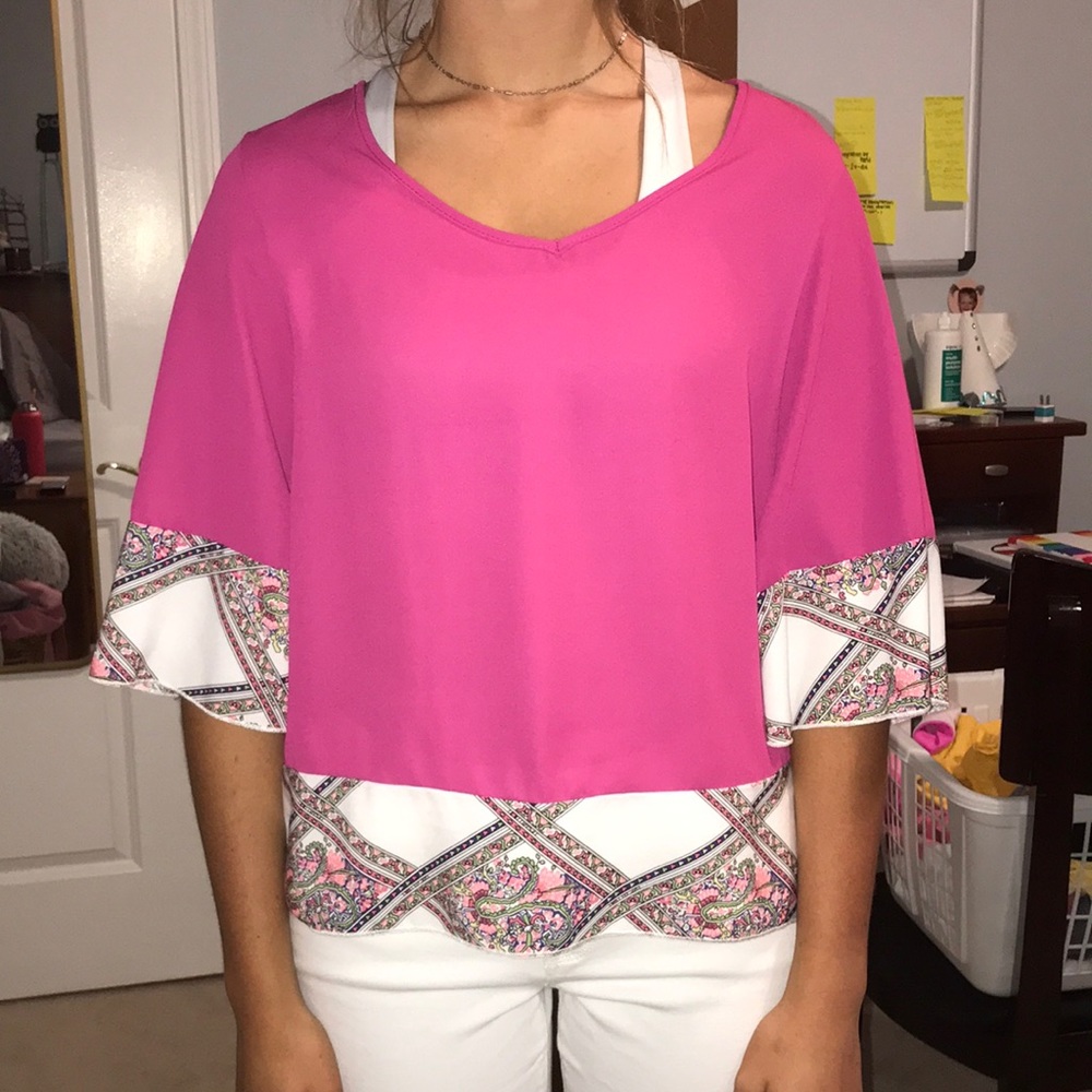 Magenta Top with Patterned Trim